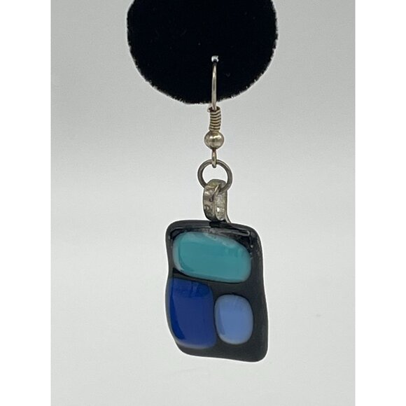 Fused Glass Dangle Earrings Blues Black Rectangles 2" Pierced - Picture 2 of 9